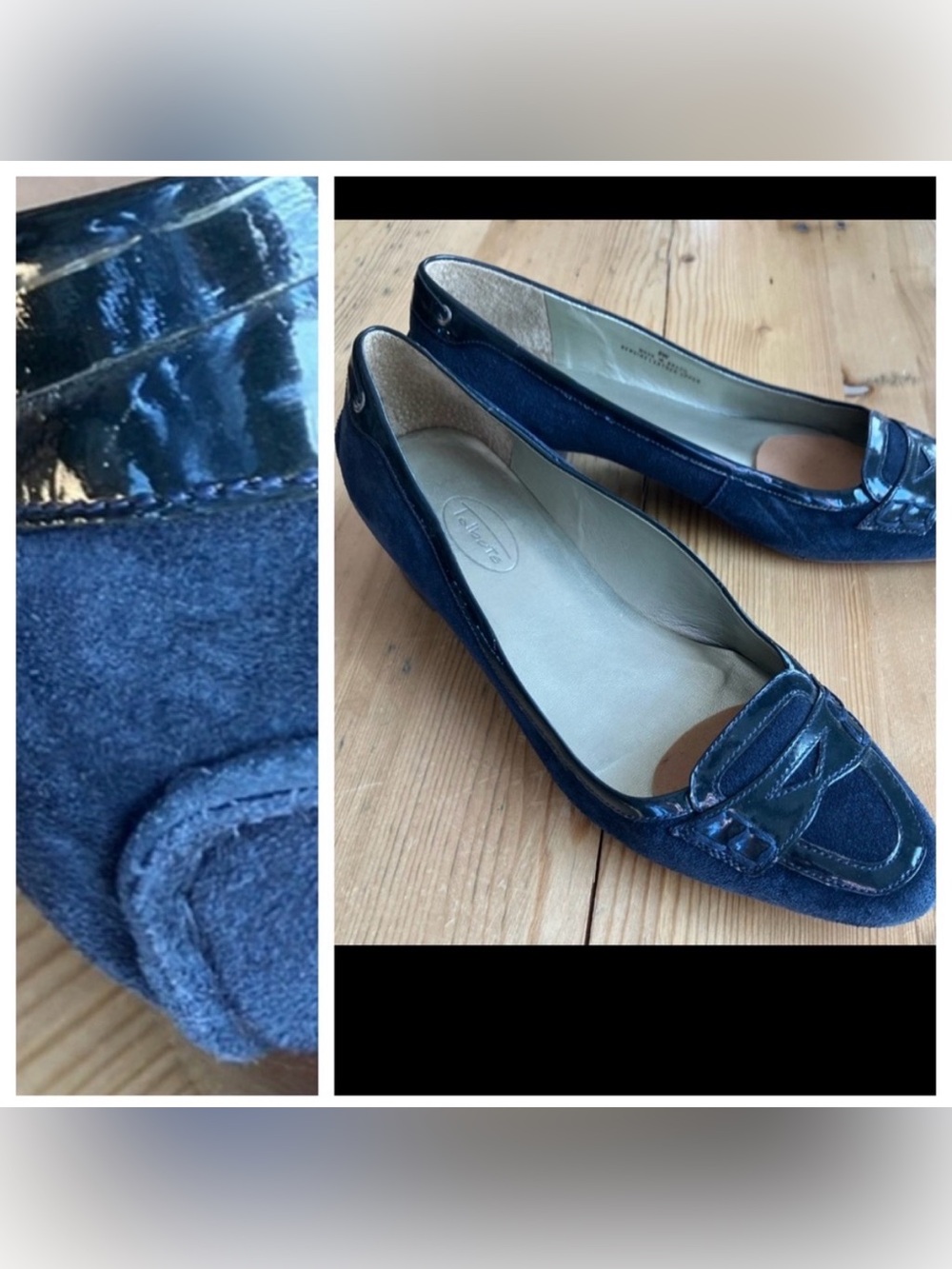 Talbots 9W Blue Suede Loafer Patent Leather Trim EUC